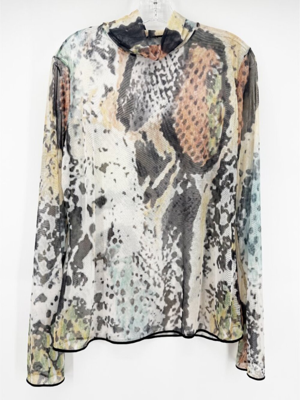 Wolford Tulle Sheer Pullover Rollneck Collar Blouse in Reptile Print L Abstract - Picture 3 of 7